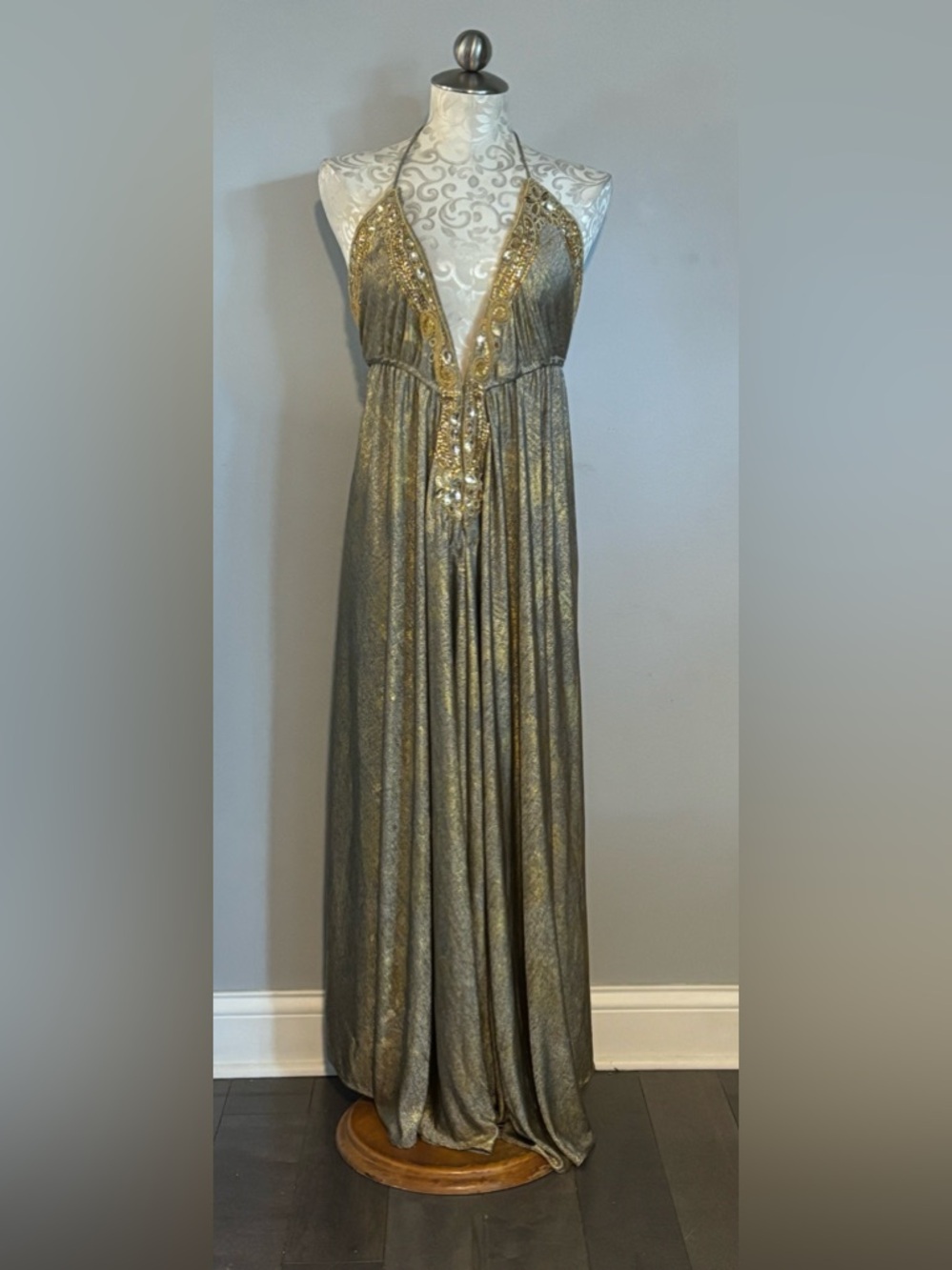Boston Proper Gold Metallic Halter Evening Gown - Picture 8 of 12